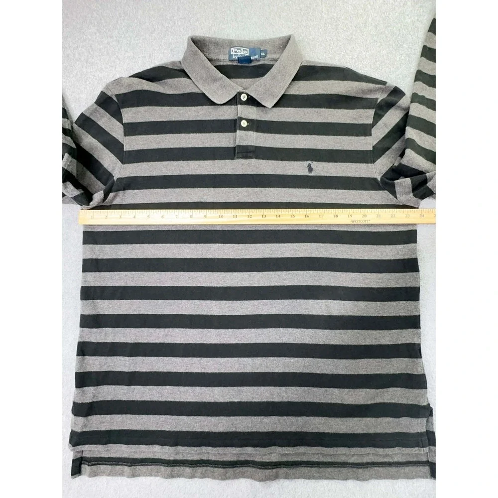 Polo Ralph Lauren Striped Polo Shirt Men's Size XL Long Sleeve Black Gray Stripe - Picture 7 of 8